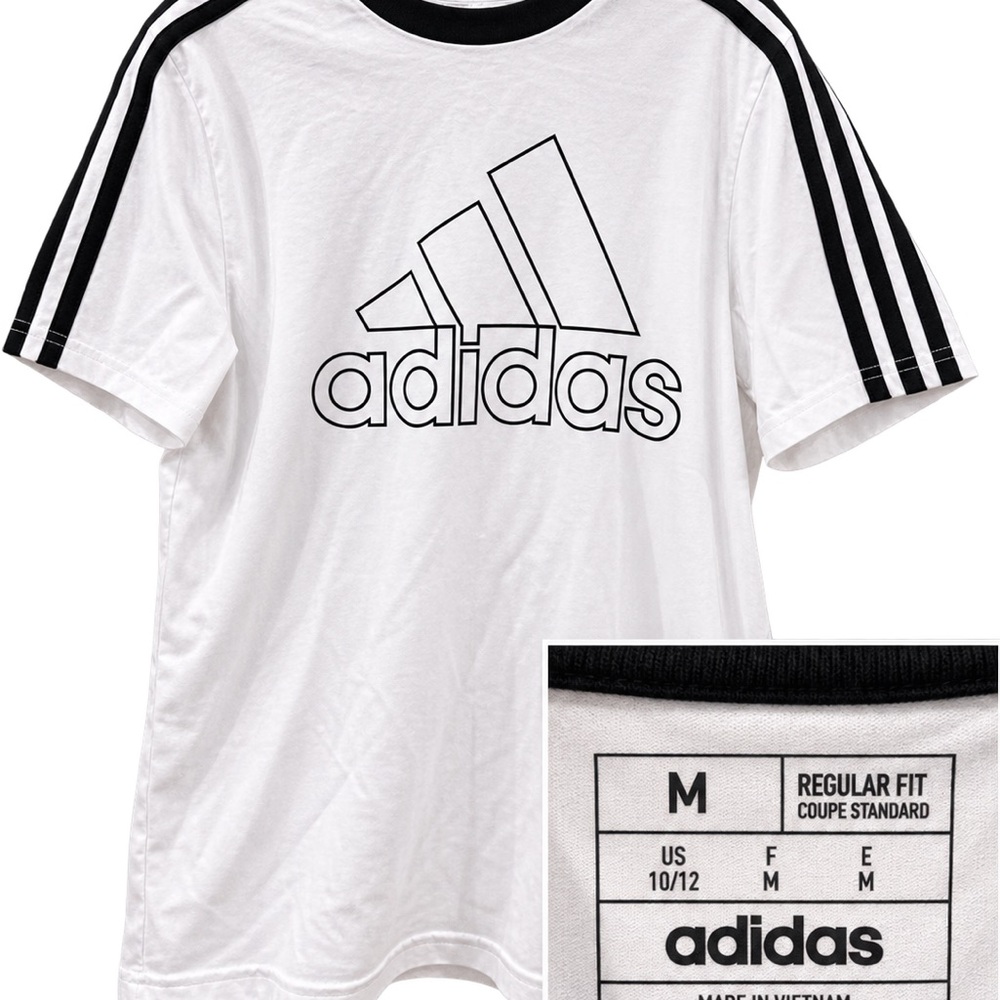 adidas White Tee with Black Logo & Shoulder Stripes